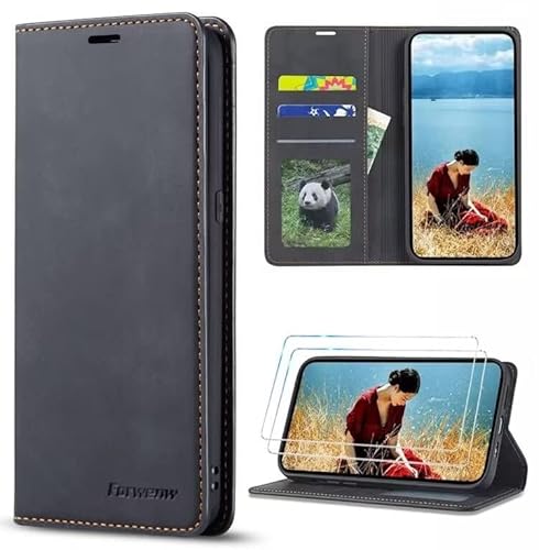 FMPCUON Hülle Kompatibel mit Huawei P Smart 2020,Panzerglas Schutzfolie *2,Handyhülle Tasche Premium Leder Wallet Flip Hülle Brieftasche Etui Schutzhülle Stand Schale Cover,Schwarz