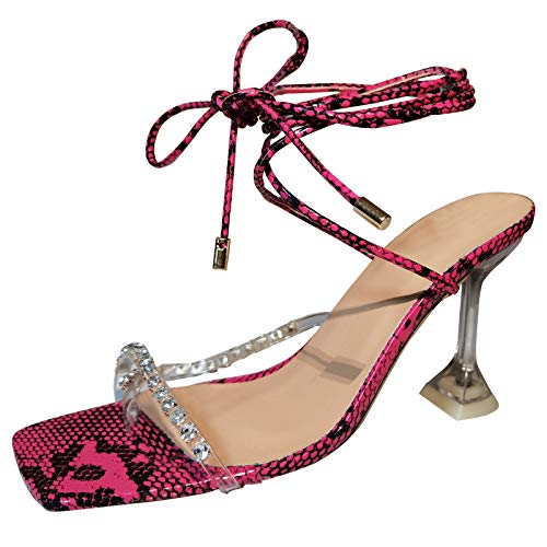 TEEL ONG - Sandalias de tacón alto para mujer, con cordones y patrón de serpiente, con puntera cuadrada, tacón de vino, decoración transparente para uso diario y sexy, color, talla 38.5 EU
