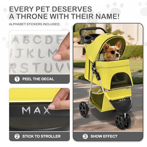 Image of MoNiBloom Foldable Pet Stroller with Waterproof Cover, 3-Wheels Dog Strolling Cart for Small /Medium Dogs and Cats with Storage Basket and Cup Holder, Breathable and Visible Mesh for All-Season, Yellow