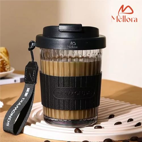 Image of MELLORA Premium Hustler Black Sipper Tumbler - 400ml | Rubber Grip Mug with Anti - Leak Proof Lid for Hot & Cold Beverages | Wide Mouth Transparent Flask | Perfect for Office & Travel - Black