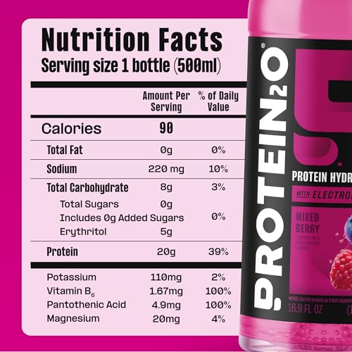 Image of Protein2o Hydration Drink - 2-in-1 Liquid Clear Whey Protein Isolate and Electrolyte Drink - 20g Protein, Vitamins B5, B6 - Post-Workout Recovery - 16.9 Fl Oz - 12 Count Mixed Berry