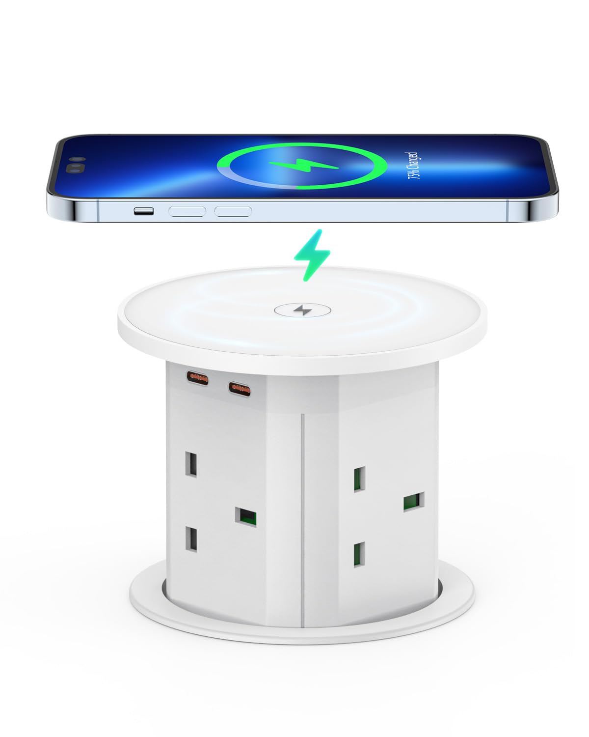 Pop Up Socket with 15W Wireless Charger, Haylink Recessed Power Socket with 4 UK Plug, 3 USB Ports, 2M Cable, Desk Plug Socket for Kitchen, Office Desk, Conference Room, White