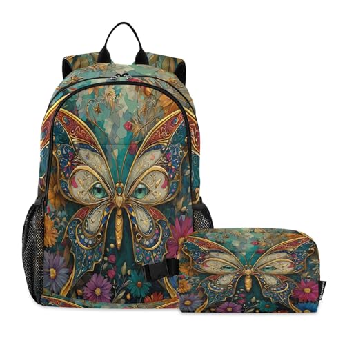 Kids Backpack Butterfly Eye Flower Boys Girls School Backpack with Lunch Bag Bookbag Set