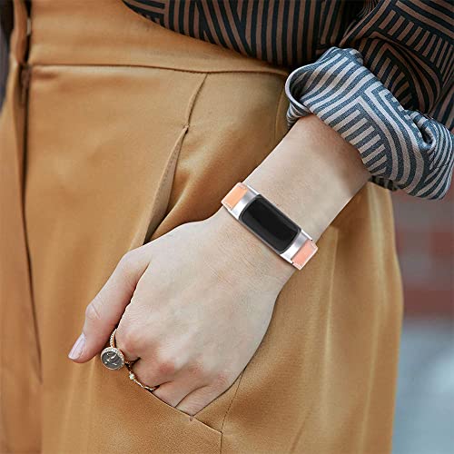 Gimuk Compatible with Fitbit Charge 5 Strap for Women Men Genuine Leather Adjustable Sports Strap Replacement Wristband for Charge 5 Tracker Small Large (Bling Rose Gold) - Image 4