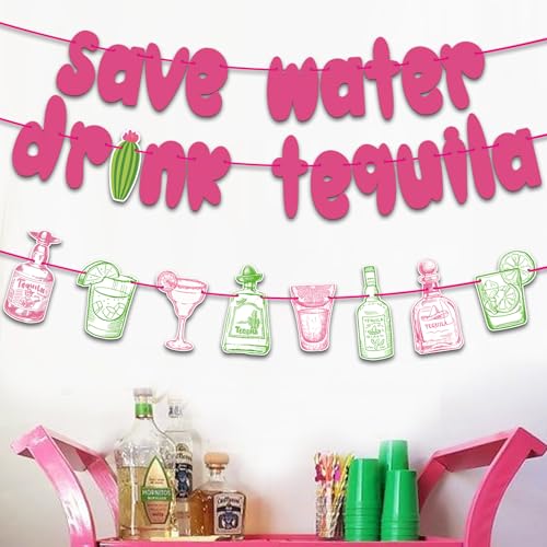 Image of Save Water Drink Tequila Banner, Tequila Themed Sign for Cinco de Mayo Fiesta Birthday Bachelorette Party Decorations