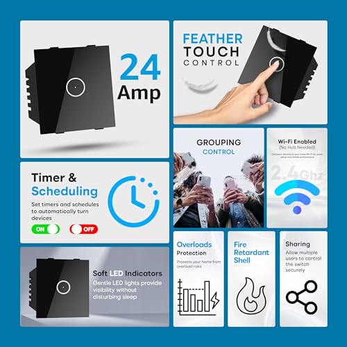 Image of SmartLife Modular 24 Amp Touch Switch (Black) | WiFi + BLE | Premium Glass Finish | Compatible with Alexa, Google Assistant, HA, IFTTT & SmartLife App | Fits Roma & Similar Plates