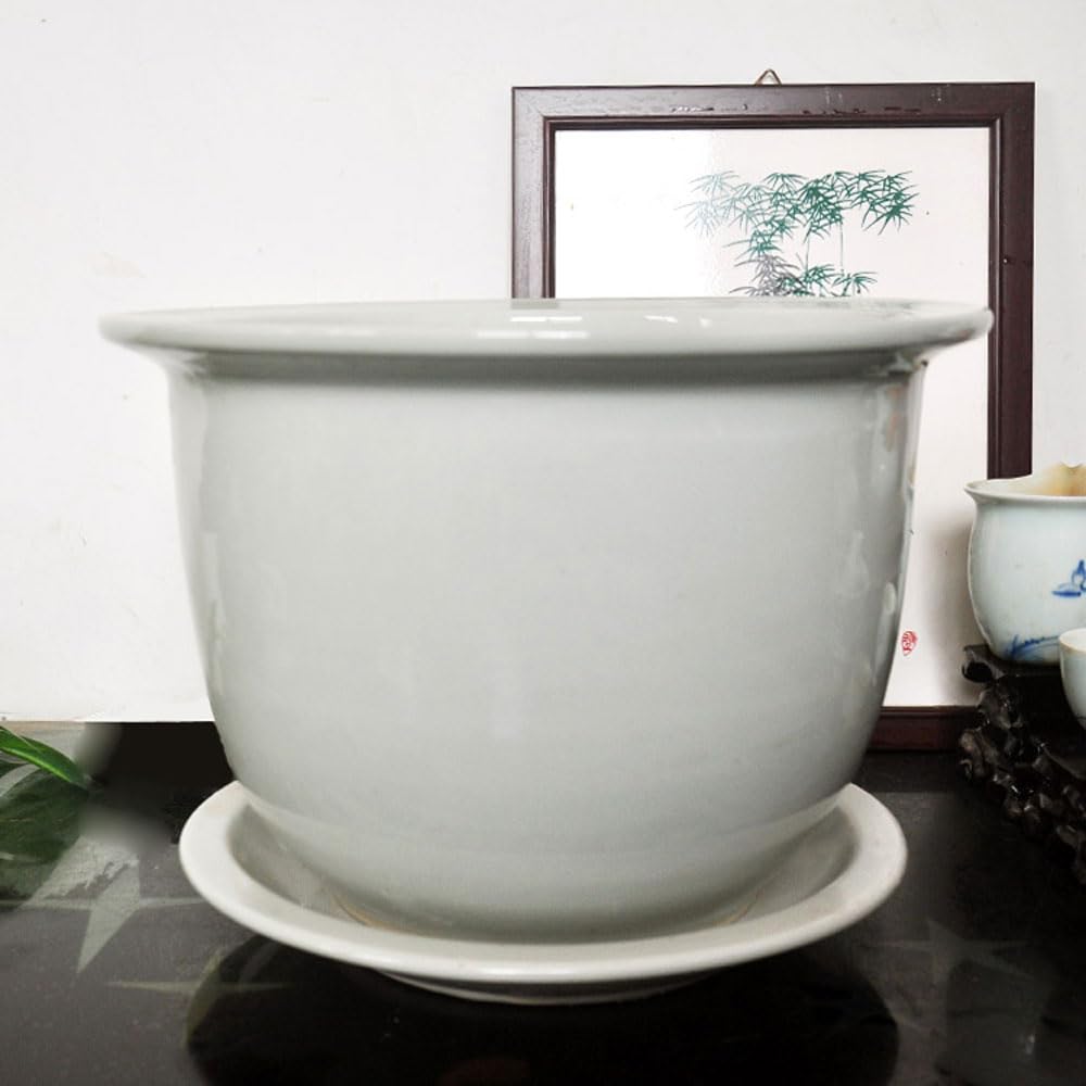 DFGHNBVC Jingdezhen Plant Pots Ceramic Planter For Indoor Outdoor Chinoiserie Plants Flowers White Round Flower Pot With Saucer And Drainage Hole,28 * 20cm