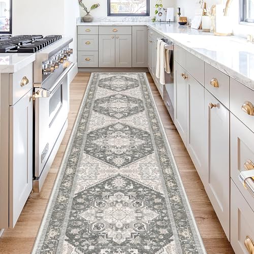 OPPODREAM Soft Entryway Rug 2x10, 2x10 Rug Runner, Washable Hallways Carpet 2 x 10 with Non Slip Backing, Low-Pile Bedside Carpet 2 x 10, Long, Faux Cashmere, Greenish Grey