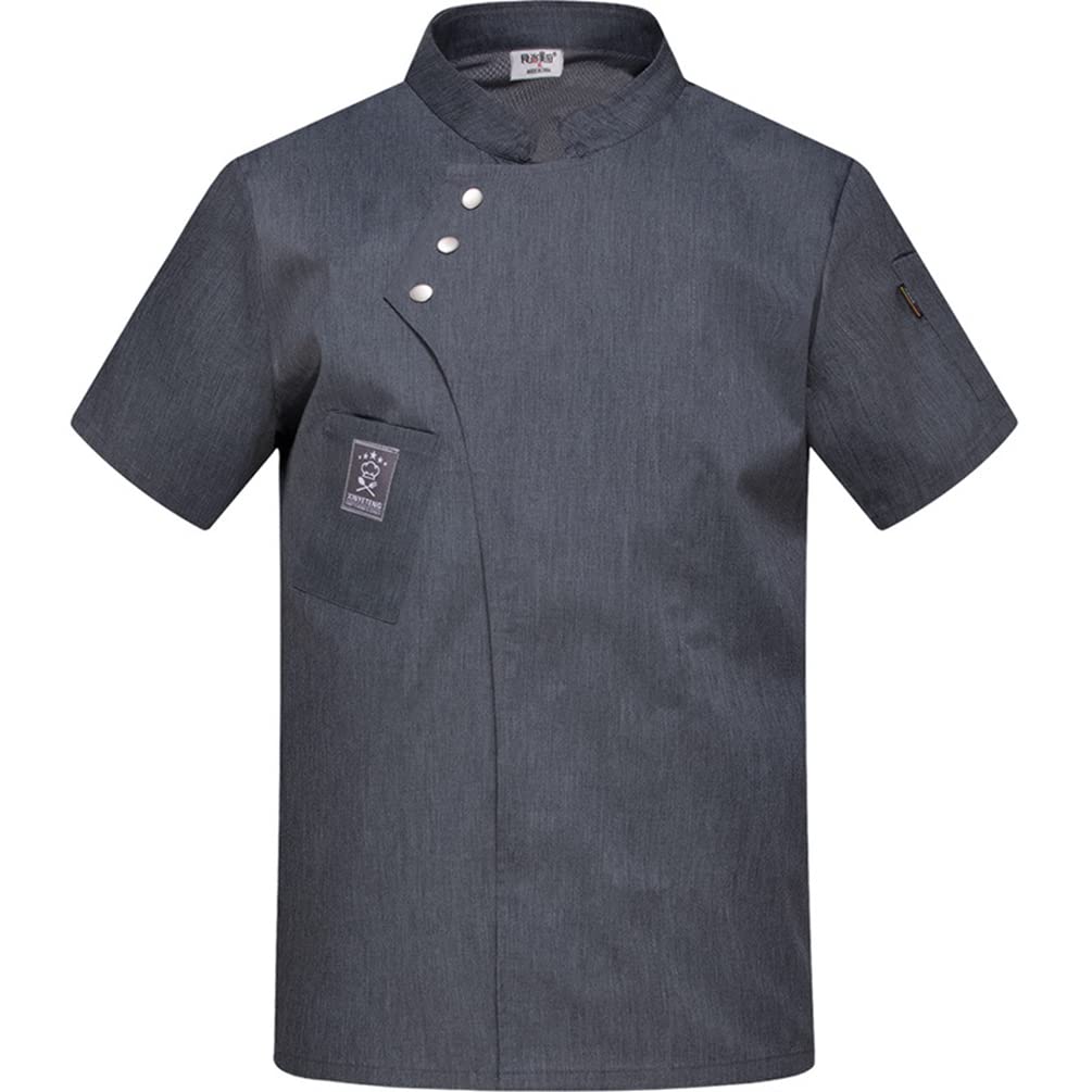 M&Catree Chef Jacket Snap Chef Coat with Pocket Cooking Baking Uniform Work Wear Kitchen Restaurant Chef Top - Short Sleeve - Grey, 4XL