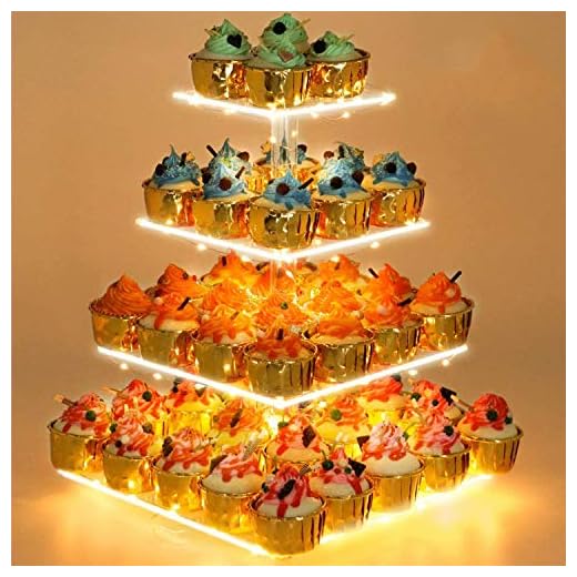 Cupcake Stand - Premium Cupcake Holder - Acrylic Cupcake Tower Display - Cady Bar Party Décor - 4 Tier Acrylic Display for Pastry + LED Light String - Ideal for Weddings, Birthday (Yellow Light)
