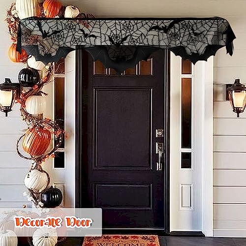 Image of AerWo Halloween Decorations Indoor Fireplace Mantel Scarf, Black Lace Spiderweb Fireplace Cover for Halloween Mantle Decor Festive Party Supplies,20x79 inches