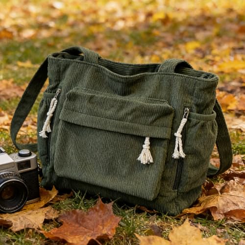 Bolso Tote grande de pana verde para mujer miniatura 1