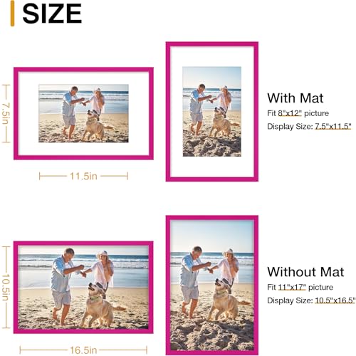 decorUhome 11x17 Picture Frame, Display Pictures 8x12 with Mat or 11x17 without Mat, Wall Hanging Poster Frame, Magenta, 1 Pack