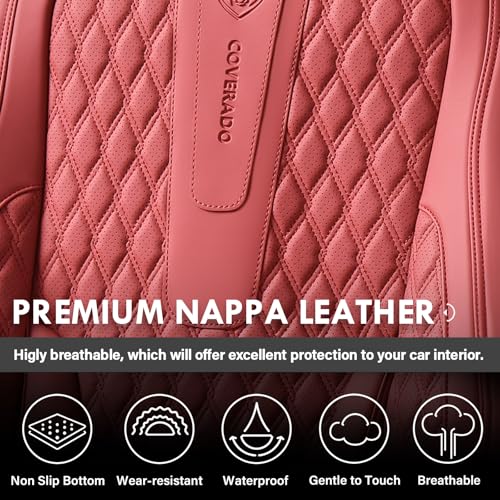 Image of Coverado Car Seat Covers Front, Nappa Leather Seat Covers for Cars, Waterproof Seat Covers with Lumbar Support Universal Fit for Most Cars SUV Trucks, Automotive Seat Covers (Front, Red-Blackline)
