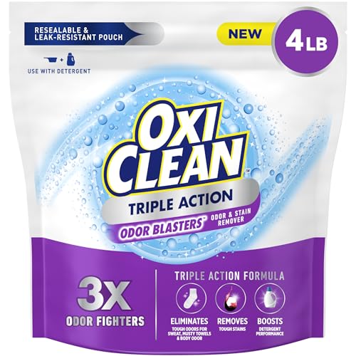 OxiClean Triple Action Odor Blasters Odor and Stain Remover Powder, Use with Detergent, Eliminates Tough Odors and Removes Stains, Color Safe and Chlorine Free, 4 lbs