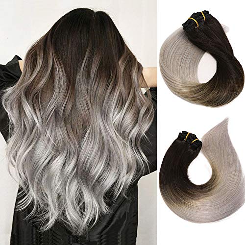 Clip In Hair Extensions Human Hair Ombre Hair Natural Black Fading to Silver Gray Brazilian Hair 120g 7pcs Per Set Remy Hair Full Head Silky Straight Human Hair Clip In Extensions 18 Inch