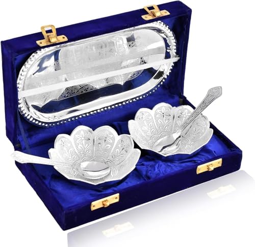 Image of Bowl Spoon Tray Set Silver Plated Dessert Dry Fruits Serving Diwali Christmas Eid Wedding Return Gifts Friends Family Housewarming Home Decoration Corporate (CKMSP)