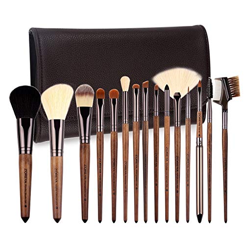 ZOREYA Makeup Brush Set,15pcs Walnut Makeup Brushes with Professional Premium Synthetic Foundation Powder Concealers Eye Shadows Makeup brushes Set with Vegan Leather Bag