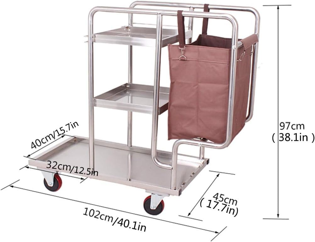 Stainless Steel Cleaning Cart, Commercial Housekeeping Cart with Wheel, 3 Shelf Janitorial Cart with Oxford Fabric Bag, for Hotels,Families, Schools, Restaurants