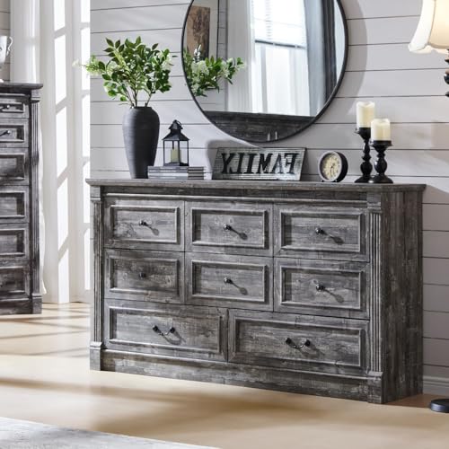 Image of Aitjunz Farmhouse 8 Drawers Dresser for Bedroom, 61 inch Wide Large Dressers & Chests of Drawers w /Roman Column, Storage Dressers Organizer for Bedroom, Hallway, Living Room, Light Grey
