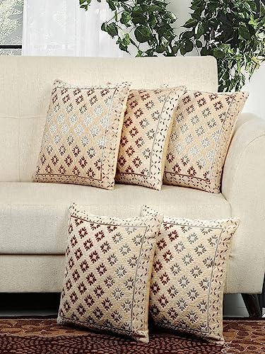 Image of Set of 5 Pcs 16 x 16 Inches Soft Jacquard Velvet Fabric Cushion Covers for Sofa Set /Diwan Beds, Diamond,Color- Beige, Set of 5 Pcs