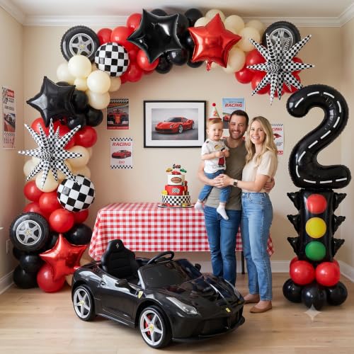 Image of TONIFUL Race Car Party Balloons Set - 40 Inch Racetrack Number 2 Foil Balloon with Checkered & Star Balloons for Boys 2nd Birthday Car Themed Decorations, Baby Shower Photo Backdrop Supplies