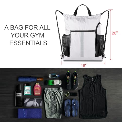 Image of BeeGreen White Drawstring Backpack Bag Sports Gym Backpack with Shoe Compartment and Two Water Bottle Holder for Men Women Large String Athletic Sackpack Workbag White