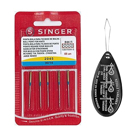 Singer Ball Point Stretch 2045 Sewing Machine Needles, Packet of 5, Size 90/14, Includes Large Needle Threader Cover