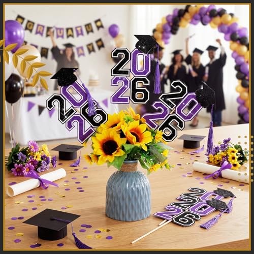 Image of 10 Pcs Graduation Table Centerpieces Sticks with Tassels, class of 2026 Grad Cap Picks Table Decoration Cupcake Toppers for Party Centerpiece Decoration Supplies(Black and Purple)