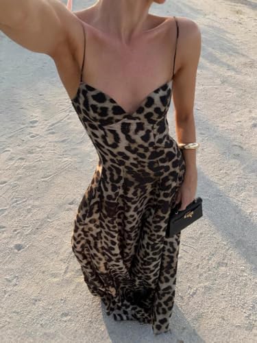 Image of Women Elegant Leopard Spaghetti Strap Maxi Dress Summer Backless Sexy Slip Long Dresses