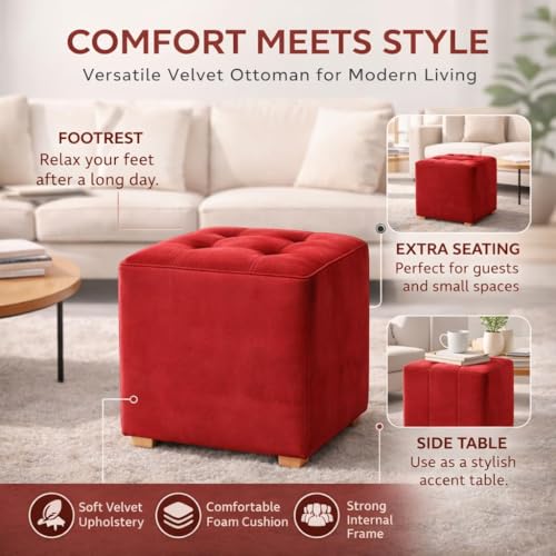 Image of Velvet Cube Ottoman Stool | Upholstered Pouffe with Tufted Design | Soft Footrest Sofa Side Stool for Living Room, Bedroom & Lounge - Red
