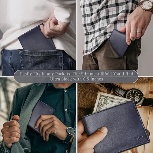 Image of Full Grain Genuine Leather Wallet for Men, Handcrafted Travel Wallet, Minimalist Mens Slim Bifold Wallet, Anti-Theft RFID Blocking Wallet for Men's, Bi-fold - Navy