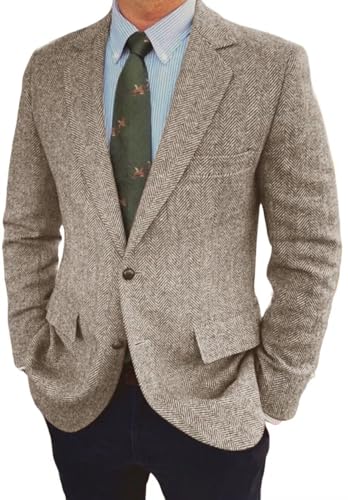 Men's Classic V-Neck Tweed Blazer 2 Buttons Retro Herringbone Sports Casual Jacket