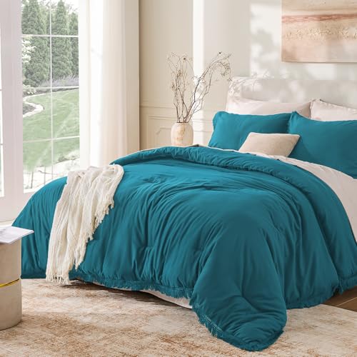 Image of Andency Turquoise Comforter Twin Size, 2 Pieces Boho Teal Tassel Lightweight Bedding Comforter Sets for Twin Bed, Teal Blue All Season Soft Fluffy Fringe Bed Set (66x90In Comforter & 1 Pillowcase)