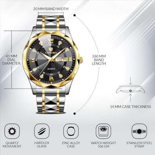 Image of LONGBO Zenith Diamond Analog Watch for Men Business Stainless Steel Watches Luxury Men's Wristwatch | Birthday Gift for Men | Gift for Husband | Gift for Brother