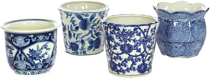Napco Imports Indoor Outdoor Plant Succulent Herb Flower Pot 6 Inch Porcelain Blue Oriental Assorted Set of 4