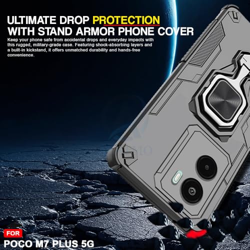 Image of AESTMO Armor Back Cover for Poco M7 Plus 5G | Ring Holder & Kickstand & Camera Protection in-Built | 360 Degree Protection Back Case Cover (Black)