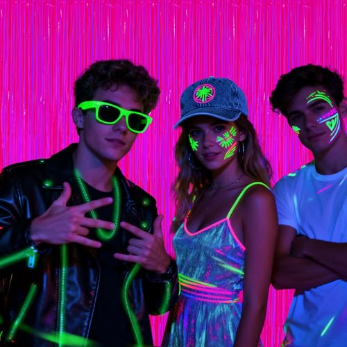 Image of 2 Pack Glow in The Dark Party Streamers, Neon Party Decorations Fluorescent Macaron Fuchsia Tinsel Foil Fringe Curtains, Photo Booth Prop Backdrop Streamers, Birthday Halloween Party Decorations
