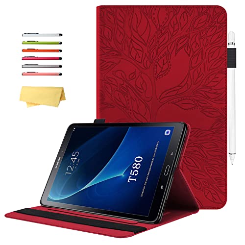 UUcovers for Samsung Galaxy Tab A 10.1' Case 2016 Old Model (SM-T580/T585/T587) (NO S Pen Version) Stand Folio Embossed Pattern PU Leather Wallet Cover with Pencil Holder Pocket Band, Red Lucky Tree