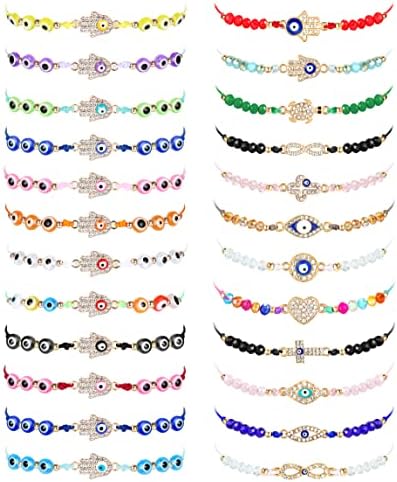 MILACOLATO 24Pcs Evil Eye Bracelets Set for Women Girls Colorful String Knot Mexican Bracelets Hamsa Bracelet Adjustable Handmade Braided Mal De Ojo Evil Eye BFF Bracelets Anklet Jewelry Gift