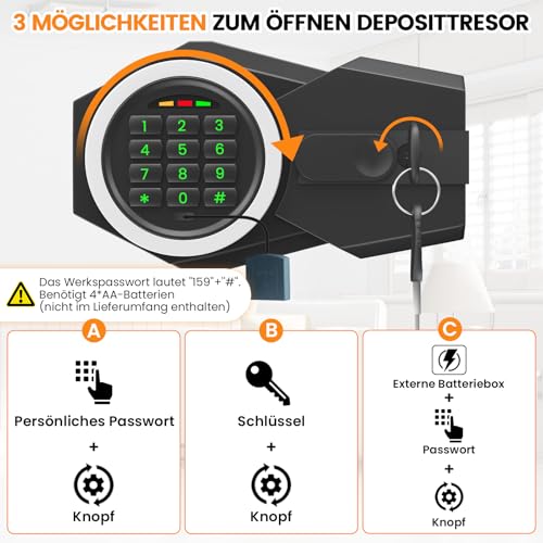 52L Tresor mit Einwurfschlitz, Elektronischer Sicherheitstresor mit Feuerfester Tasche, Schlüssel, Zahlenschloss, Diebstahlschutz Alarme&Stumm, Digitaler Deposittresor für Einzelhandel Zuhause