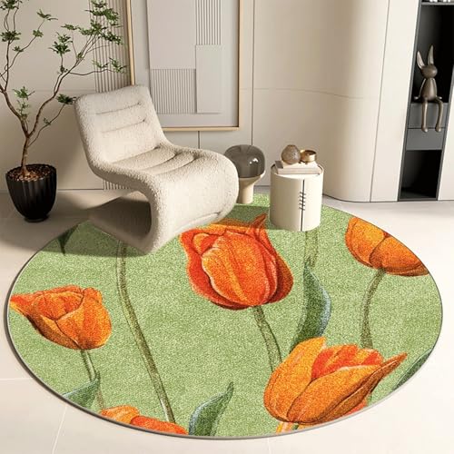 Tapis rond 90 cm fleurs oranges de haute qualité lavable