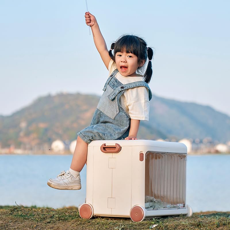 Mrbin Collapsible Kids Toy Storage Bins with Lids and Handle, Cubby Rectangle Cute Totes Clothing Plastic Box on Wheels, Nursery Organizer Chest for Living Room, Classroom, Pantry, Playroom, White