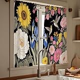 Pakena Boho Black Botanical Floral Kitchen Curtains 36 inches Length Dark Flower Short Small Cafe Curtain Bohemian Blossom Vintage Rustic Half Bathroom Window Curtain Treatment Tiers Drapes 2 Panels
