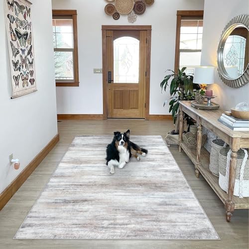KOZYFLY 6x9 Area Rug Modern Ombre Thin Rugs for Living Room, Washable Large Rugs Non-Slip Soft Striped Rug for Bedroom, Print Distressed Beige Abstract Carpet for Laundry/Kid Room
