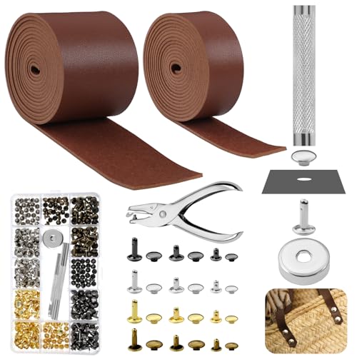 Image of 363 Pcs Leather for Crafts Kit 140 Inches Leather Straps Flat with 1 2 Inch Wide 360 Rivets and 1 Double Rivet Tubular Setting Craft Tool for DIY Bags Craft Repairs Decoration