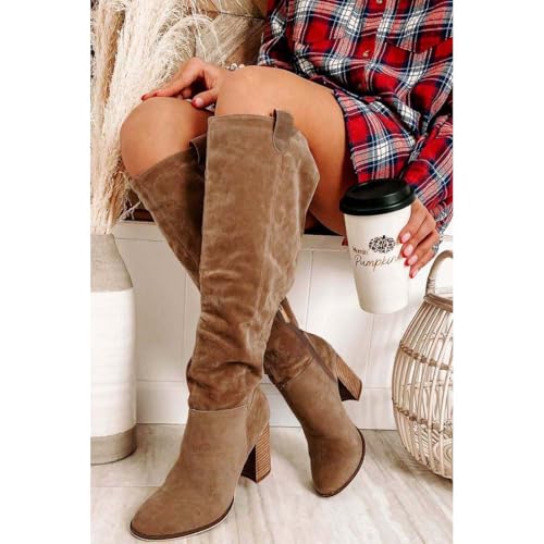 Erocalli Suede Knee-High Boots Fall Boot For Women Chunky Block High Heel Slouch Fashion Boot Round Toe Side Zipper