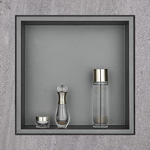 HANFU Wandnische Dusche Edelstahl, Duschnische Flexibler Einbau, Wandnische Dusche Einzelregal Lagerung für Badezimmer Seifenflaschen Toilettenartikel, Eingebettet Duschnische 30x30x10cm, Grau Cover