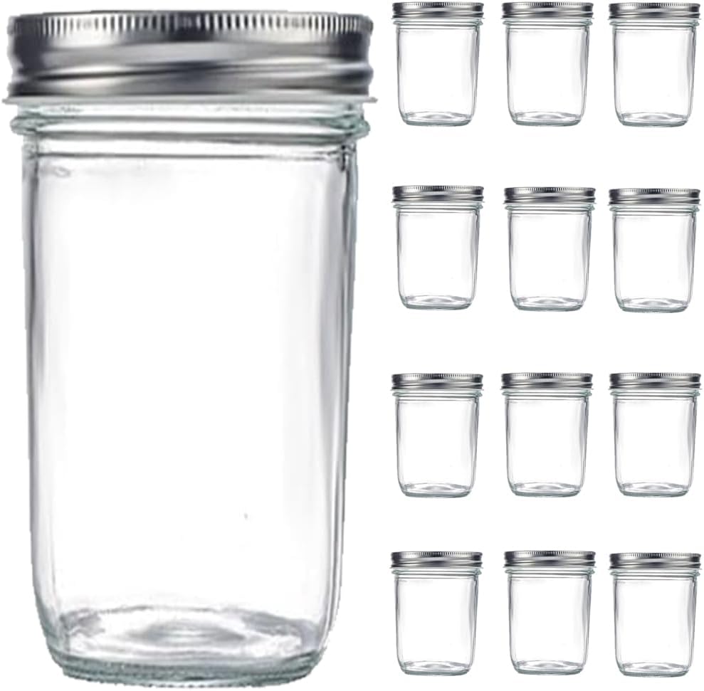 12 pack wide mouth mason jars 16oz glass canning jars with airtight lids and bands for preserving, jam, honey, jelly, wedding favors, sauces, meal prep, overnight oats, salad, yogurt (12)