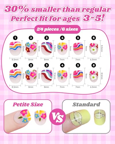 3-5 Years Kids Press on Nails, 24 Pieces Soft Fake Nails for Toddlers & Little Girls, Safe Reusable Stick on Nails, Cute Full Cover Glitter Nails for Preschoolers, Easy to Apply Nail Art
